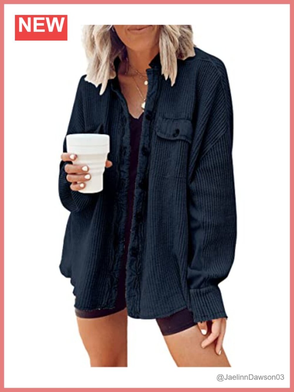 Waffle Knit Button Down Shacket Loose Fit Band Collar Raw Hem Shirt Jacket